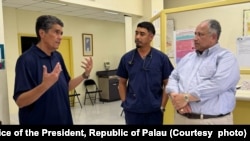 Palau President Surangel Whipps Jr., left, hosted the U.S. Secretary of the Navy Carlos Del Toro, right, on March 11, 2024, in Palau.