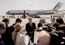 US Secretary of State Antony Blinken, speaks to reporters after his meeting with Egyptian President Abdel-Fattah el-Sissi, at Cairo airport, Egypt, June 10, 2024.