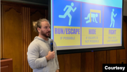 International Women's Media Foundation Security Director Jeff Belzil speaks to journalists about how to respond to an active shooter, at a classroom session in Ann Arbor, Michigan, May 29, 2024. (Credit: IWMF)