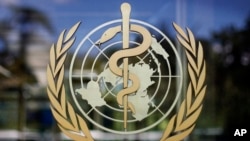 FILE - The logo of the World Health Organization is seen at the WHO headquarters in Geneva, Switzerland.