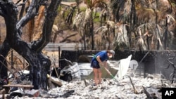 A woman digs through the rubble of a home destroyed by a wildfire on Aug. 11, 2023, in Lahaina, Hawaii.