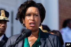 FILE - District of Columbia Mayor Muriel Bowser speaks during a news conference about the arrest of a suspect in a recent string of attacks on homeless people, March 15, 2022, in Washington.