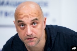 FILE - Zakhar Prilepin at a news conference in Moscow, Russia, Feb. 21, 2017. Prilepin's car exploded in Russia, May 6, 2023, Russia's state news agency Tass reported.