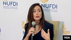 Belgian parliamemt member Darya Safai speaks at a forum organized by the U.S.-based National Union for Democracy in Iran at Washington’s Hay Adams Hotel on March 13, 2023. (Michael Lipin/VOA)