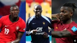 Montagem (da esq para a dir): Nuno Mendes da seleção de Portugal, Ferland Mendy da seleção de França e Rafael Leão da seleção de Portugal