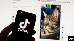FILE - The TikTok logo is seen on a mobile phone in front of a computer screen which displays the TikTok home screen, in Boston, March 18, 2023.