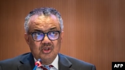 FILE- World Health Organization (WHO) Director-General Tedros Adhanom Ghebreyesus delivers his speech on the opening day of the 77th World Health Assembly, in Geneva, May 27, 2024. In a statement, he called for an end to attacks on Gaza hospitals.