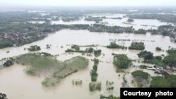 Foto dari udara yang menunjukkan area terdampak banjir di Kabupaten Grobogan, Jawa Tengah, pada 15 Maret 2024. (Foto: Courtesy of BPBD Kabupaten Grobogan)