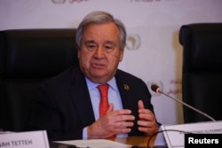 United Nations Secretary General Antonio Guterres talks to the media after the opening of the African Union Summit in Addis Ababa, Ethiopia, Feb. 18, 2023.