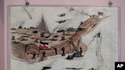 A drawing by Mykola Kostenko is part of the War Diaries exhibition at Amsterdam city hall, the Netherlands, Aug. 17, 2023.