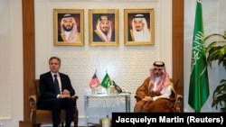 U.S. Secretary of State Antony Blinken meets with Saudi Foreign Minister Prince Faisal bin Farhan, at the Ministry of Foreign Affairs in Riyadh, Saudi Arabia, Oct. 14, 2023.