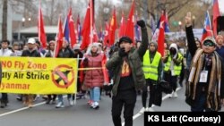 Acvitists march in Washington to push for a no-fly zone over Myanmar.