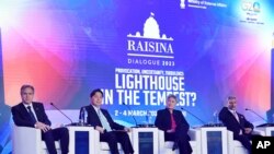 From left, U.S. Secretary of State Antony Blinken, Japanese Foreign Minister Yoshimasa Hayashi, Australian Foreign Minister Penny Wong and Indian Foreign Minister Subrahmanyam Jaishankar participate in a Quad ministers' panel at the Taj Palace Hotel in New Delhi, March 3, 2023. 