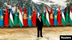 Xitoy Prezidenti Si Zinpin Markaziy Osiyo davlatlari bayroqlari qarshisida.