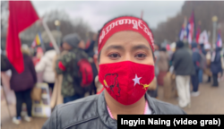 Khin La May, a Burmese activist from Louisville, speaks to VOA in front of White House, Feb. 25, 2023.