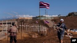 Ethan Meyers, right, carries crosses to put up to honor the victims killed in a recent wildfire in Lahaina, Hawaii, Aug. 22, 2023.