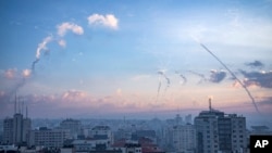 Rockets are fired toward Israel from Gaza, Oct. 7, 2023.
