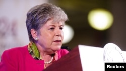 Mexican Foreign Minister Alicia Barcena speaks during a news conference in Mexico City, Mexico, April 11, 2024. (Mexico Presidency/Handout via Reuters)