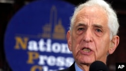 FILE - Vietnam-era whistleblower Daniel Ellsberg speaks during a news conference at the National Press Club in Washington, Dec. 16, 2010.