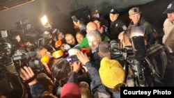 Georgian journalist Nika Gvaramia walks free from prison in Rustavi, Georgia, after a presidential pardon was issued on June 22, 2023. (Sofia Liluashvili)