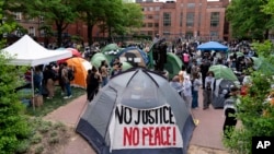George Washington University students set tents in the campus during a pro-Palestinian protest against the Israel-Hamas war, April 25, 2024, in Washington.
