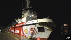 The ship belonging to the Open Arms aid group is seen docked as it prepares to ferry some 200 tonnes of rice and flour directly to Gaza, at Larnaca harbor, Cyprus, on March 8, 2024. 