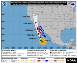 Hurricane Hilary intermediate advisory 10A from the National Hurricane Center, Aug. 18, 2023. This graphic shows the coastal areas under a hurricane warning (red), hurricane watch (pink), tropical storm warning (blue) and tropical storm watch (yellow).