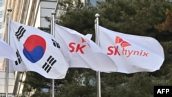 韩国芯片制造商SK海力士公司建筑外，韩国国旗与该公司的旗帜在飘扬。 （2024年1月25日）