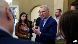 Speaker of the House Kevin McCarthy, R-Calif., speaks with members of the press after participating in a phone call on the debt ceiling with President Joe Biden, May 21, 2023, on Capitol Hill in Washington.