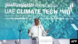FILE - Sultan al-Jaber, chief executive of the UAE's Abu Dhabi National Oil Company (ADNOC) and president of this year's COP28 climate, talks during the 'UAE Climate Tech' conference in Abu Dhabi Energy Centre, May 10, 2023. 