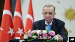 In this handout photo released by Turkish Presidency, President Recep Tayyip Erdogan inaugurates Turkey's first nuclear power plant via a video link, in Ankara, April 27, 2023.