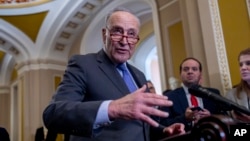FILE - Senate Majority Leader Chuck Schumer is pictured at the Capitol in Washington, March 20, 2024. He said April 17, 2024, that articles of impeachment against Homeland Security Secretary Alejandro Mayorkas "fail to meet the high standard of high crimes and misdemeanors." 