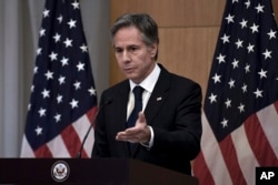 United States Secretary of State Antony Blinken speaks during a press conference at the Hyatt Regency in Tashkent, Uzbekistan, March 1, 2023.