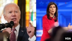 El presidente Joe Biden y la exgobernadora ante la ONU Nikki Haley durante sendos actos electorales celebrados el 8 de enero de 2024.
