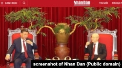 Ông Tập Cận Bình và Nguyễn Phú Trọng thưởng trà tại Hà Nội, 12/12/23.