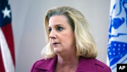 Secretary of the Army Christine Wormuth addresses the media after touring the Joint Systems Manufacturing Center, Feb. 16, 2023, in Lima, Ohio, where the latest version of the M1A2 Abrams main battle tank is built.