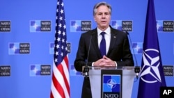 U.S. Secretary of State Antony Blinken addresses a media conference after a meeting of NATO foreign ministers at NATO headquarters in Brussels, April 4, 2024.