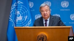 FILE — United Nations Secretary-General Antonio Guterres speaks during a briefing at U.N. headquarters, Oct. 9, 2023. On Wednesday, he appealed to the parties in the Middle East to prevent a spillover of the current conflict.