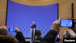NATO Secretary-General Jens Stoltenberg attends a news conference during a NATO defence ministers' meeting at the Alliance's headquarters in Brussels, Feb. 15, 2023.