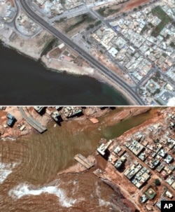 This combination of satellite images from Maxar Technologies shows a coastal roadway in Derna, Libya, July 1, 2023, top, and the same flood damaged area, Sept. 13, 2023.