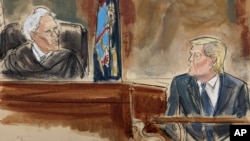 In this courtroom sketch, Judge Arthur Engoron questions former President Donald Trump on the witness stand at the New York Supreme Court, Oct. 25, 2023, in New York. 