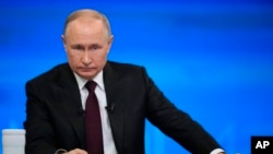 Russian President Vladimir Putin attends his annual news conference in Moscow, Russia, Dec. 14, 2023.
