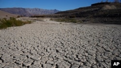 FILE - Cracked earth is visible in an area once under the water of Lake Mead at the Lake Mead National Recreation Area, on Jan. 27, 2023, near Boulder City, Nevada.