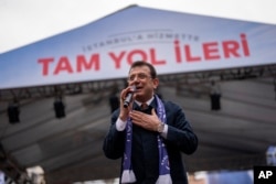 Istanbul Mayor Ekrem Imamoglu of the opposition Republican People's Party (CHP) addresses supporters during a campaign rally, in Istanbul, Turkey, March 21, 2024.