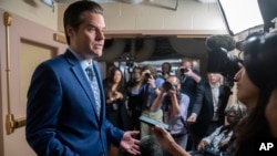 Rep. Matt Gaetz, speaks to reporters after leaving a meeting on the morning after he filed a motion to strip Speaker of the House Kevin McCarthy, of his leadership role, at the Capitol in Washington, Oct. 3, 2023.