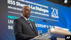 US Secretary of Defense Lloyd Austin speaks at the 20th International Institute for Strategic Studies Shangri-La Dialogue, Asia's annual defense and security forum, in Singapore, June 3, 2023.