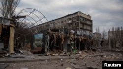 A general view shows an empty street and buildings damaged by a Russian military strike, as Russia's attack on Ukraine continues in the front line city of Bakhmut, Ukraine, March 3, 2023.
