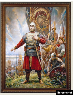 The original painting depicting medieval Russian prince Dmitry Pozharsky and the icon of the Virgin Mary on Vasili Nesterenko's website.