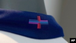 A view of Nike's designed St George's Cross on the back of the collar of the new England shirt at St. George's Park, Burton upon Trent, England, March 22, 2024. 