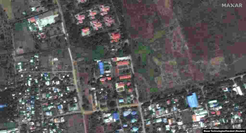 အင်အားပြင်ဆိုင်ကလုံး"မိုခါ" မဝင်ရောက်မီနဲ့ ဝင်ရောက်အပြီး ရခိုင်ပြည်နယ် စစ်တွေမြို့က အဆောက်အဦတချို့ကို ဝေဟင်မှတွေ့ရစဉ် (ဖေဖော်ဝါရီ ၁၇ >&nbsp;မေ ၁၅၊ ၂၀၂၃)